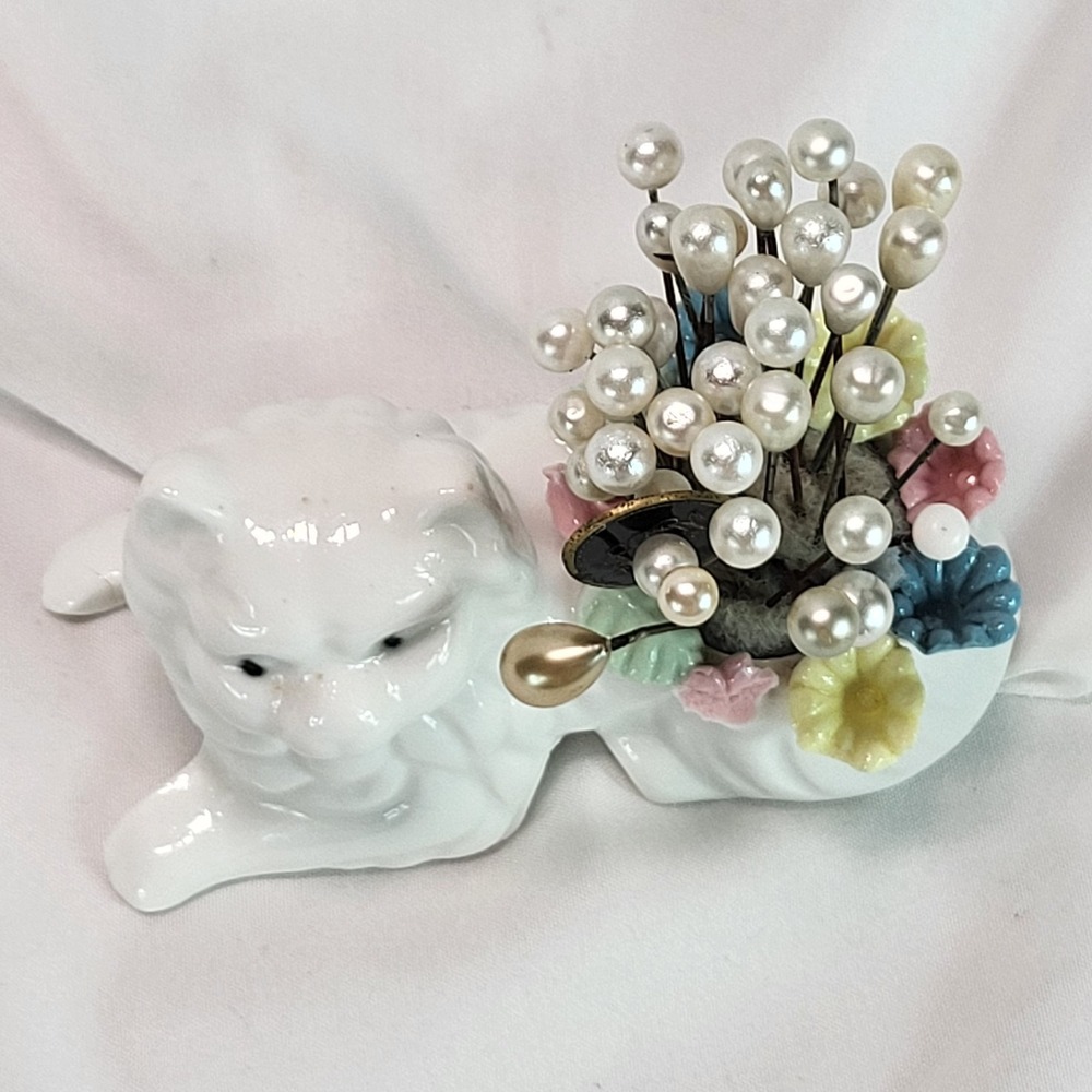 Vintage Ceramic White Cat Pin Cushion with Pearlized Hat Pins Floral Detail - Picture 5 of 13